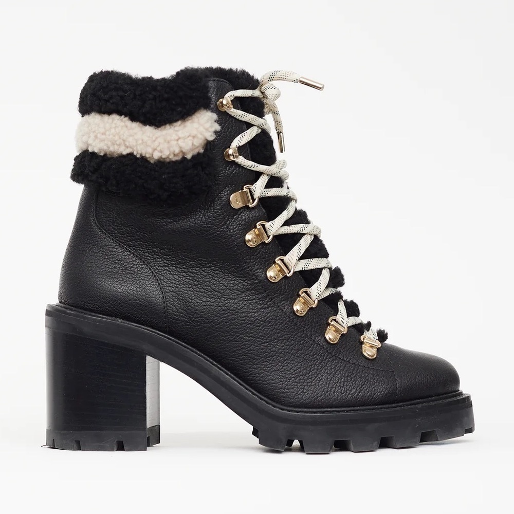 Jimmy Choo Eshe 65mm Shearling Black Leather Hiking Combat Boots 38